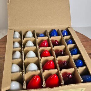 Vtg C-9 1/4 Christmas Light Bulbs/ Lamps Red Blue Whit 120V Japan Box 25 Untest